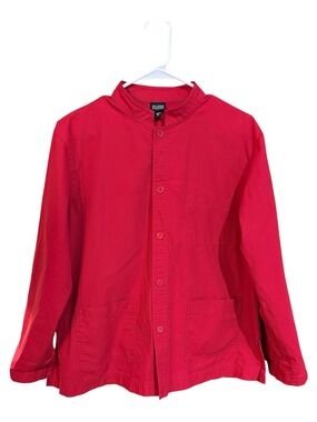 Eileen Fisher Vibrant Red Collarless Cotton Button Shirt Jacket